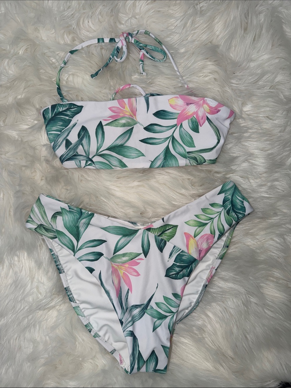 VENUS White Tropical Leaf & Pink Floral Bandeau Bikini